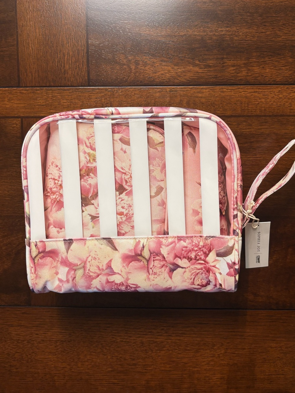 Sophia Joy, Conair - Pink Floral Stripe Cosmetic Bags with Clear Front